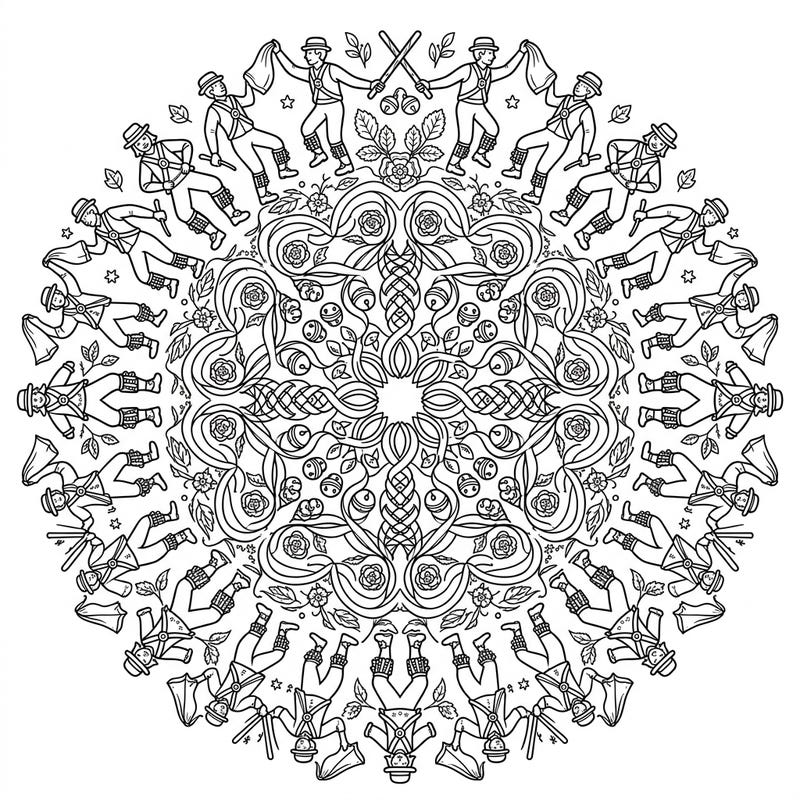 Celebrate English heritage with this unique Morris Dance mandala coloring page. It combines the lively spirit of folk dance with the calming symmetry of a mandala, offering a delightful creative escape.