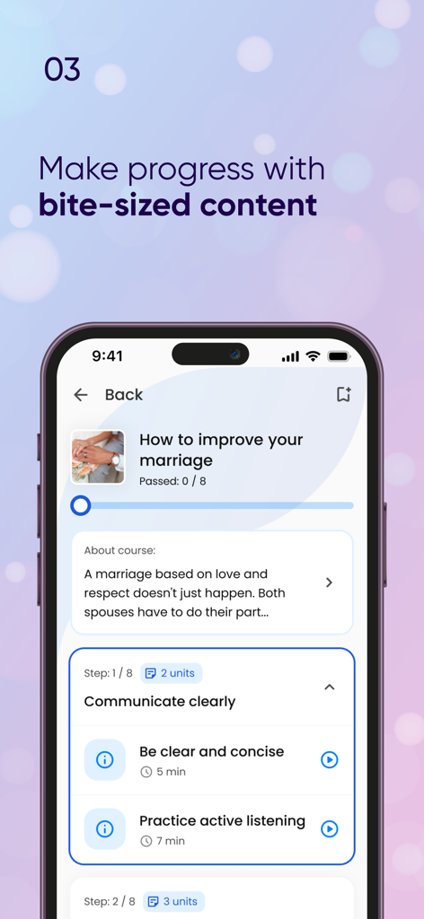 Relatio: Paired Relationship - Tela do celular mostrando um curso de relacionamento curto intitulado Como melhorar seu casamento dentro da interface do aplicativo Relatio