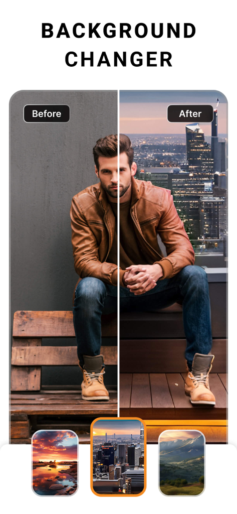 Before and after demonstration of the PhotoCut background changer feature with a man in front of a city skyline