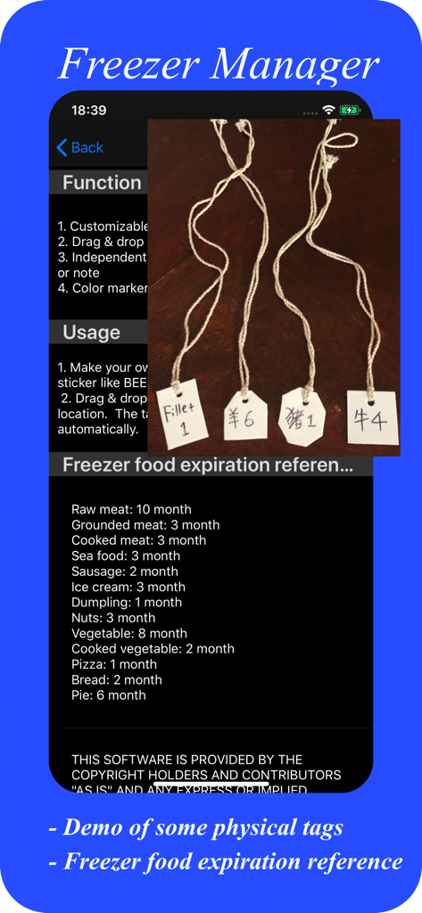 FreezerManager - L'application Freezer Manager montrant un guide d'expiration de stockage des aliments et des exemples d'étiquettes physiques.