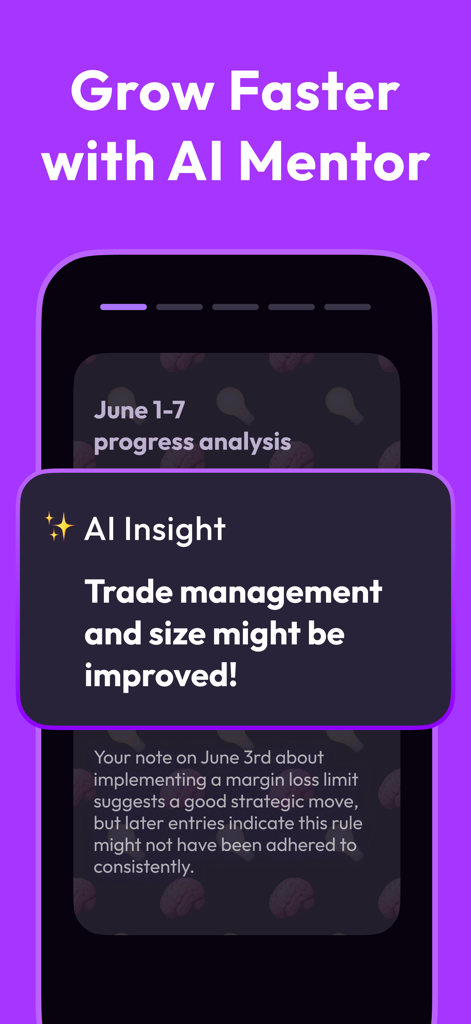 Smartphone screen from Plancana AI showing an AI mentor insight about trade management improvement.