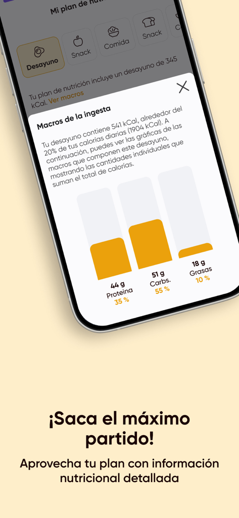 Spotieat - Pantalla de la aplicación Spotieat que muestra un desglose detallado de macronutrientes para proteínas, carbohidratos y grasas.