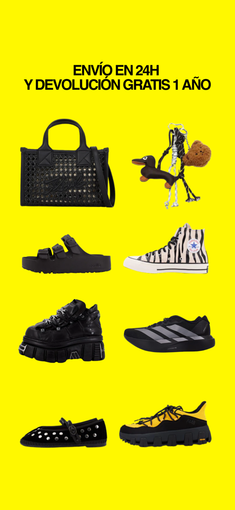 Yellow: Moda y calzado online - Collection of trendy sneakers, platform shoes, sandals, and handbags on a bright yellow background with free shipping and return info.
