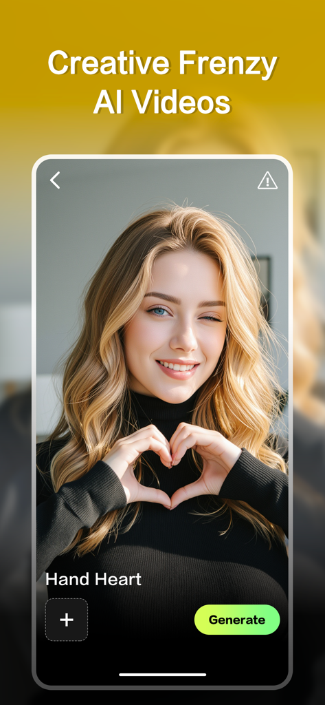 AI Wao: AI Video Generator - Interfaz de la aplicación AI Wao mostrando a una mujer haciendo un gesto de corazón con las manos para la creación de un vídeo con IA