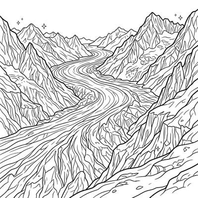 Immerse yourself in the breathtaking beauty of nature with this intricate coloring page featuring majestic valley glaciers. Follow the winding path of ice through towering mountain ranges, ready for your creative touch.