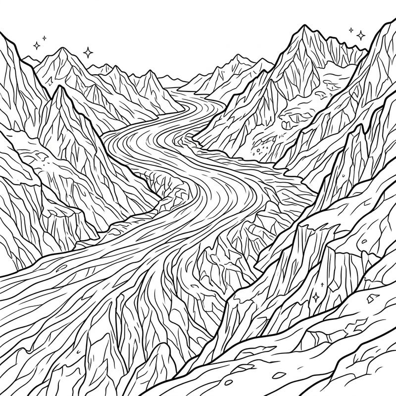 Immerse yourself in the breathtaking beauty of nature with this intricate coloring page featuring majestic valley glaciers. Follow the winding path of ice through towering mountain ranges, ready for your creative touch.