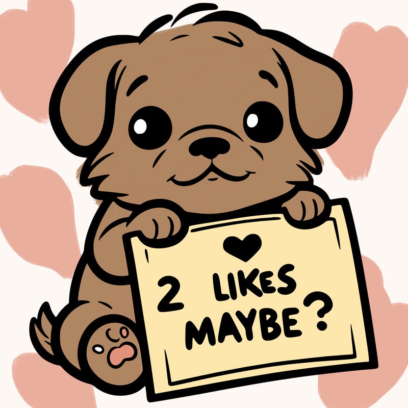 a puppy holding a sign that says 2 likes maybe?