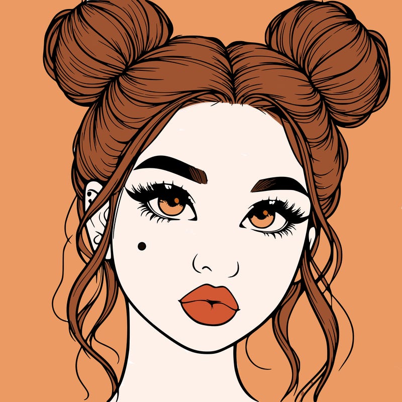 realistic girl with two buns on her hair and lips
