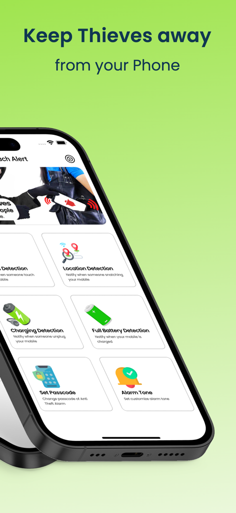 Anti Theft Alarm -Security App - SecureGuard mobile app interface displaying anti-theft features like location detection and battery charging alerts