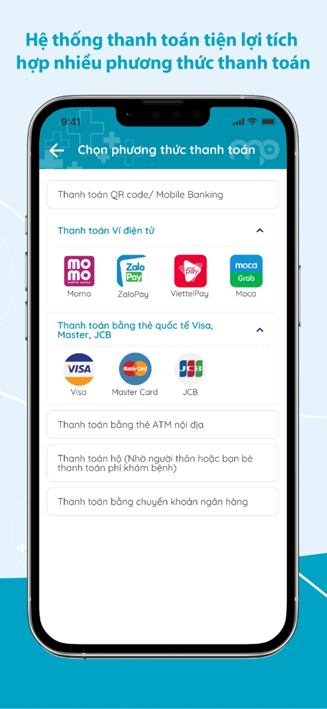 BV Da Liễu Tp.HCM- ĐKKB Online - Mobile app screen showing various payment methods including e-wallets and international credit cards for medical booking