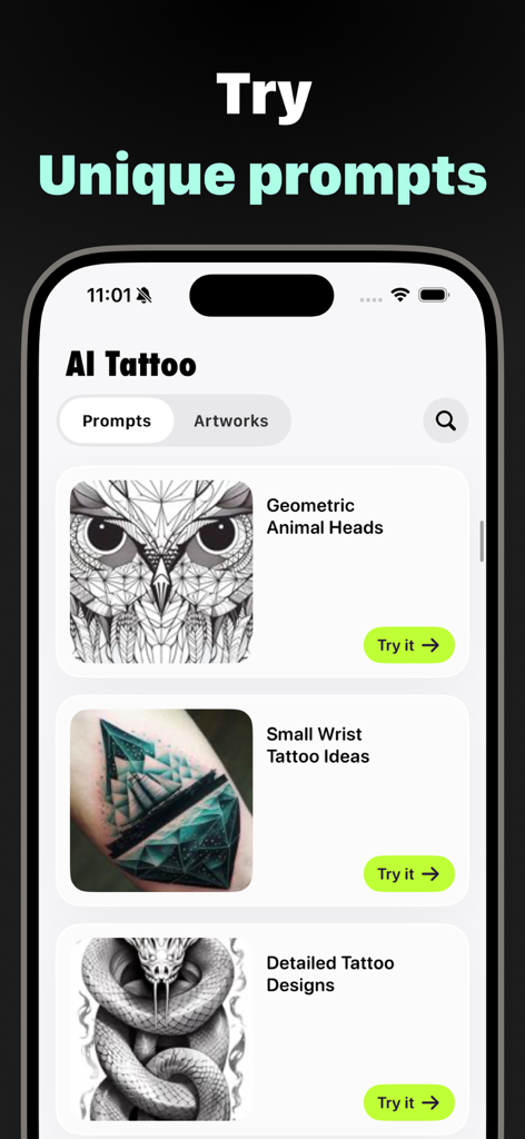 様々なタトゥーのスタイルやデザインのためのユニークなプロンプトを表示するTattoo AIアプリの画面。