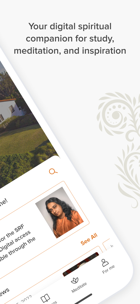 Interfaz de la aplicación de meditación SRF YSS para estudio espiritual e inspiración