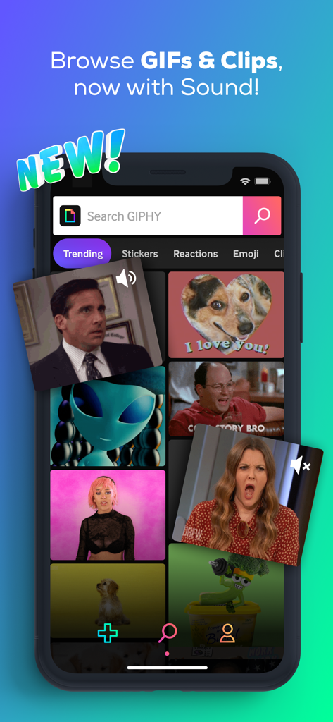Interfaz de la aplicación GIPHY que muestra GIFs y videoclips de tendencia con sonido.