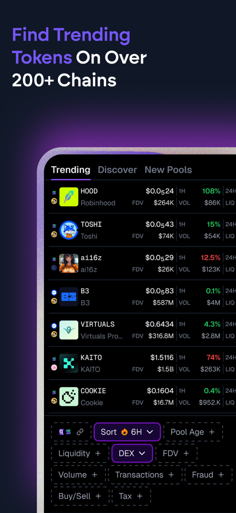 Trending tokens screen in the GeckoTerminal app showing real-time price and liquidity data across multiple blockchains