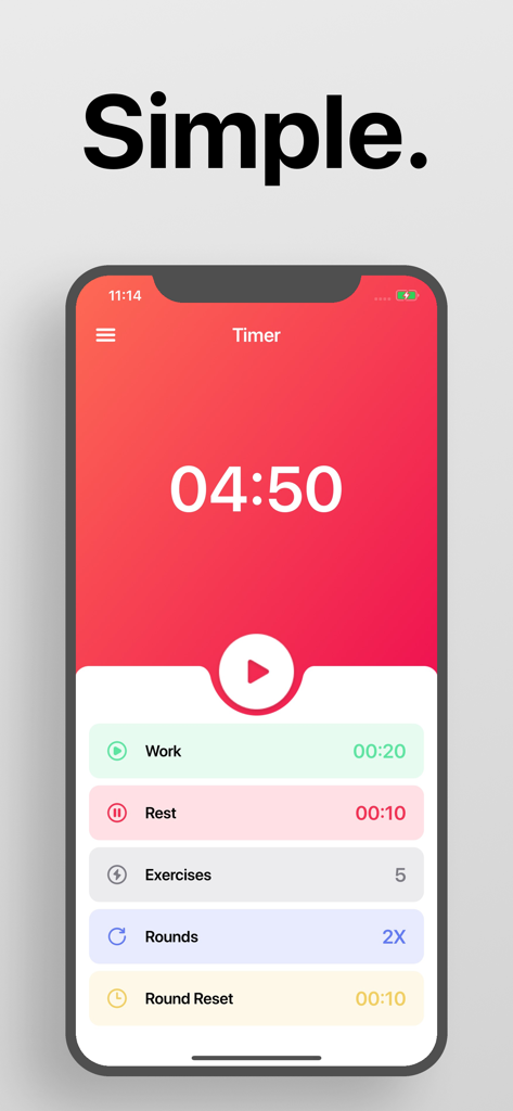 Interval Timer □ HIIT Timer - Simple minimalist interface of the Interval Timer HIIT app showing workout and rest intervals