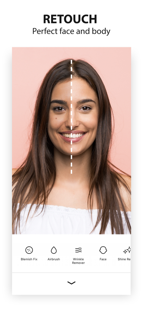 Interface do aplicativo editor de fotos Avatan mostrando recursos de retoque facial com uma comparação de antes e depois de um retrato de mulher.