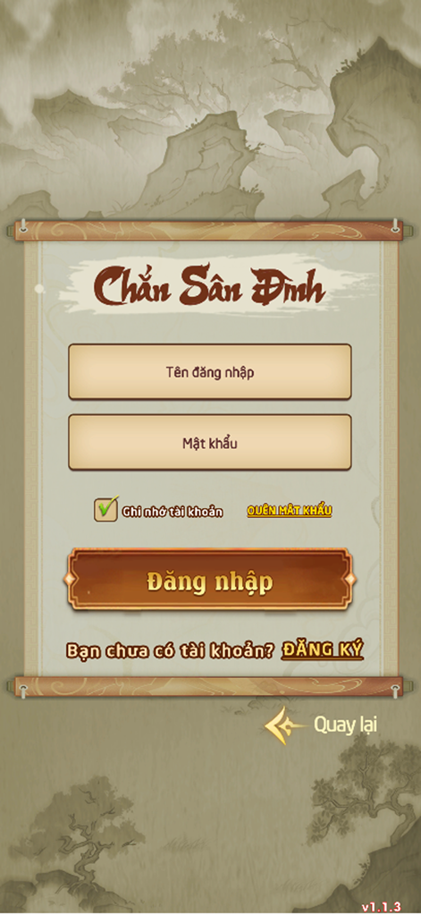Chắn Một Tay - Chắn Sân Đình - Login screen for the Chắn Sân Đình mobile game featuring traditional Vietnamese scroll graphics and landscape art.