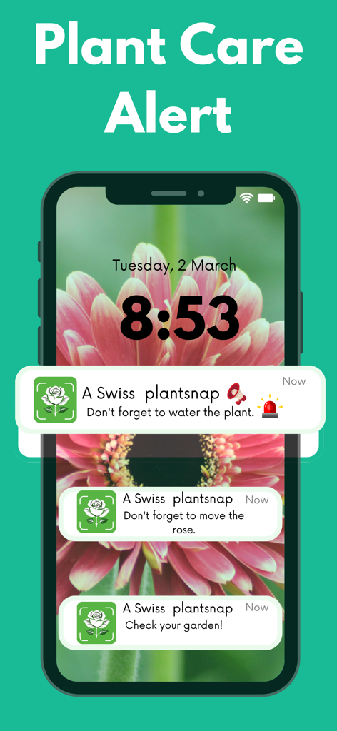 Plantsnap Plant Identifier - iPhone lock screen showing plant care notifications and watering reminders from the Plantsnap app