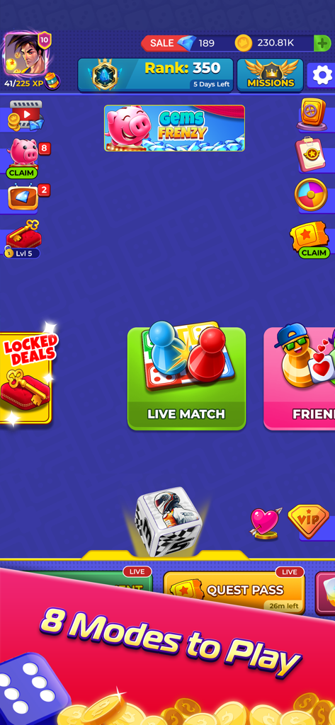 Ludo SuperStar main menu screen showing eight different game modes and player rank