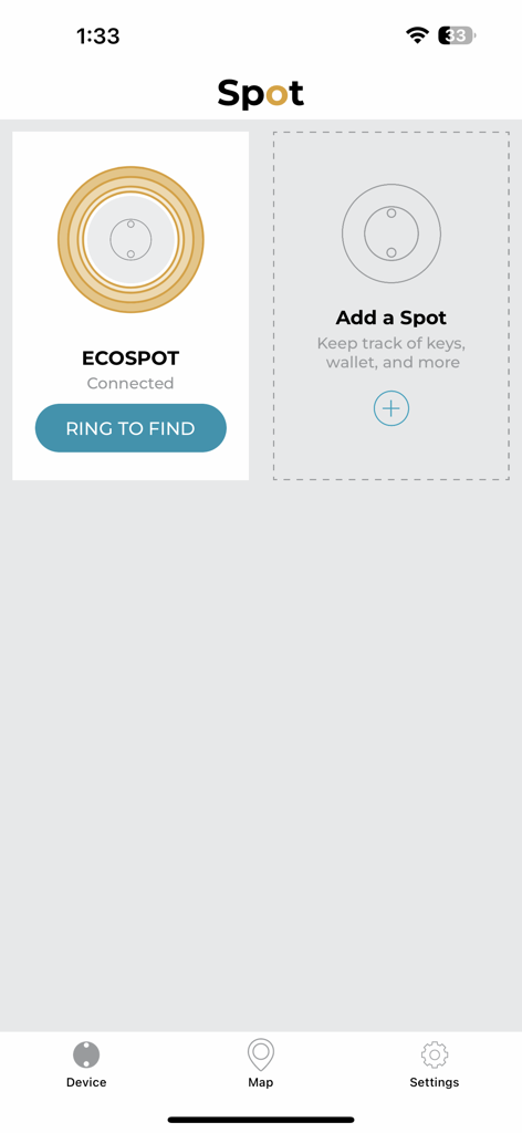 The main dashboard of the Spot 2.0 Bluetooth Finder app displaying a connected EcoSpot tracker and an option to add new devices.
