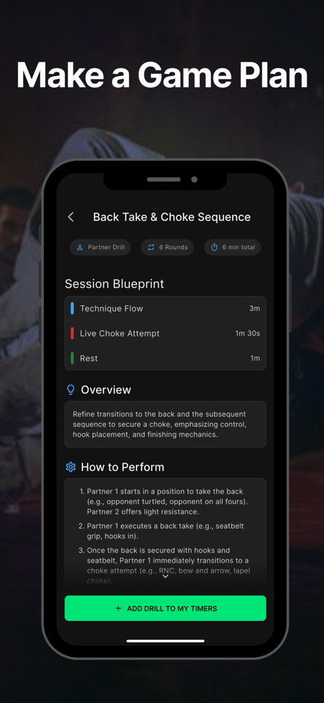 TapFlow: BJJ Timer & Drills - Pantalla detallada del plan de entrenamiento de BJJ que muestra un esquema de sesión e instrucciones de ejercicios paso a paso