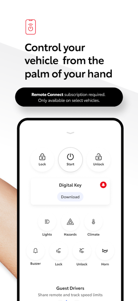 Toyota mobile app interface for remote vehicle control and digital key management