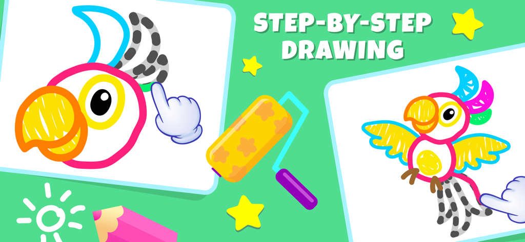 Drawing Pad Kids Toddler Games - Una guía de dibujo paso a paso para niños que muestra un loro siendo coloreado en una app educativa.