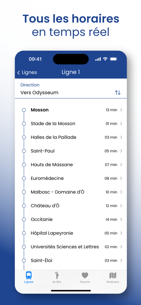 Interface de l'application Horaires TAM Montpellier montrant les horaires en temps réel du tram Ligne 1 pour différents arrêts en direction d'Odysseum.