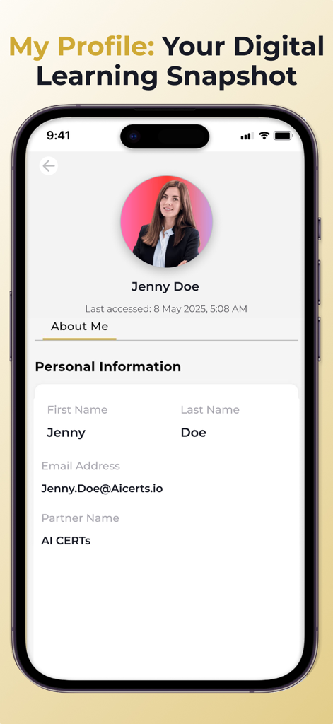 AI CERTs®: AI & Blockchain - Tela de perfil do usuário do aplicativo móvel AI CERTs exibindo informações pessoais e status de aprendizado.