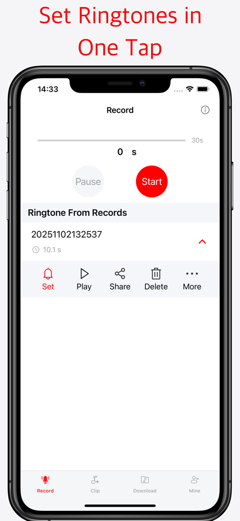 Ringtone DIY - Make it unique - Interfaz de la aplicación Ringtone DIY que muestra la pantalla de grabación y la opción de establecer una grabación como tono de llamada con un solo toque.