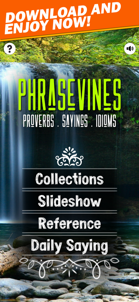 Proverbs and Phrases Collection app home screen featuring a scenic waterfall background and menu options
