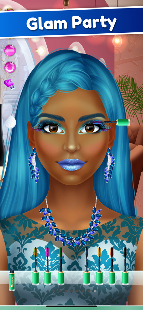 Applying mascara to a doll character with blue hair in a virtual makeup salon.