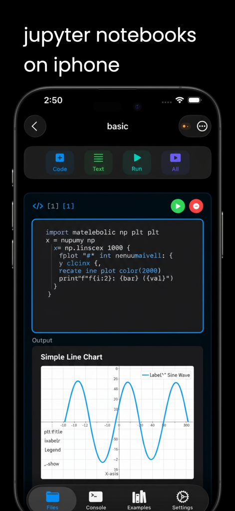 Interface do aplicativo JuCode em um iPhone mostrando um notebook Jupyter com código Python e um gráfico de linha de visualização de dados