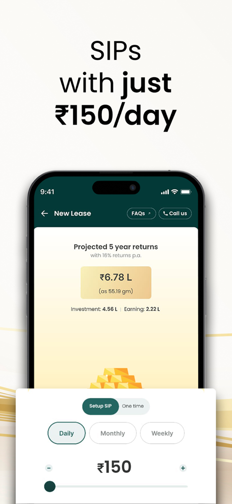 A mobile app interface showing a gold SIP investment plan with projected five-year returns and daily savings options.
