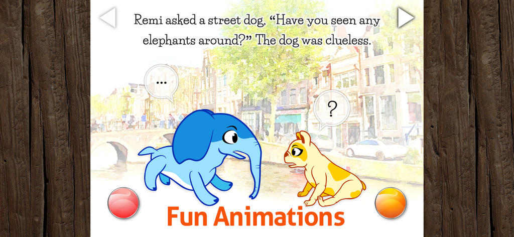 Kids Book & Reading - Remi - レミの赤ちゃん象が、インタラクティブな子供向け絵本のシーンで路上犬と話しています。