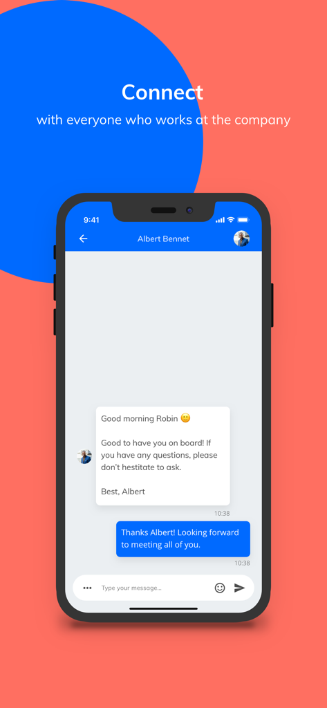 Appical, the onboarding app - Écran de smartphone montrant l'interface de chat de l'application Appical pour se connecter avec de nouveaux collègues