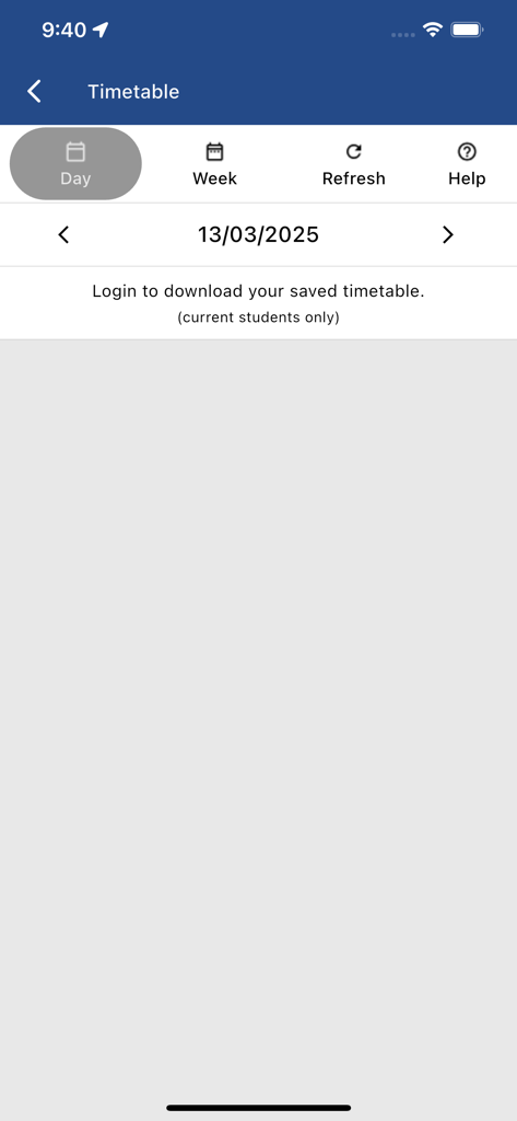 The timetable feature on the Massey Uni app prompting students to log in to see their class schedule