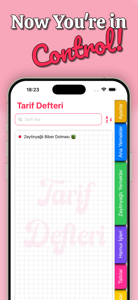Smartphone screen showing a digital recipe organizer with color coded category tabs