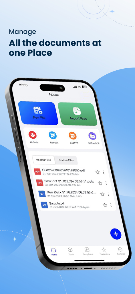Home screen of the Office Word Editor app showing file management and editing tools on an iPhone