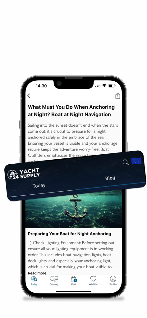 Yacht Supply App-Bildschirm mit einem Blogbeitrag über Nachtankern und Schifffahrtsnavigation