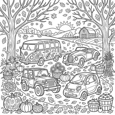 Embrace the cozy vibes of fall with this charming coloring page featuring a collection of unique automobiles. Immerse yourself in a scenic autumn landscape filled with classic cars, falling leaves, and festive harvest elements, ready for your creative touch.