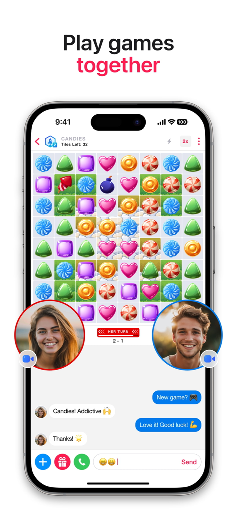Sociable - Video Chat & Games - Two people playing a candy matching game together while video chatting on the Sociable app