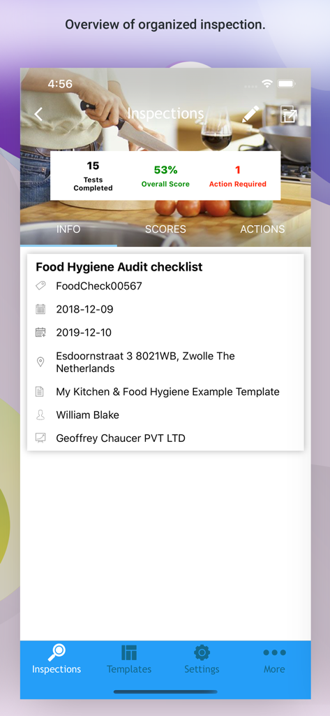 Mobile app screen showing a food hygiene audit overview with completion stats overall score and inspection details