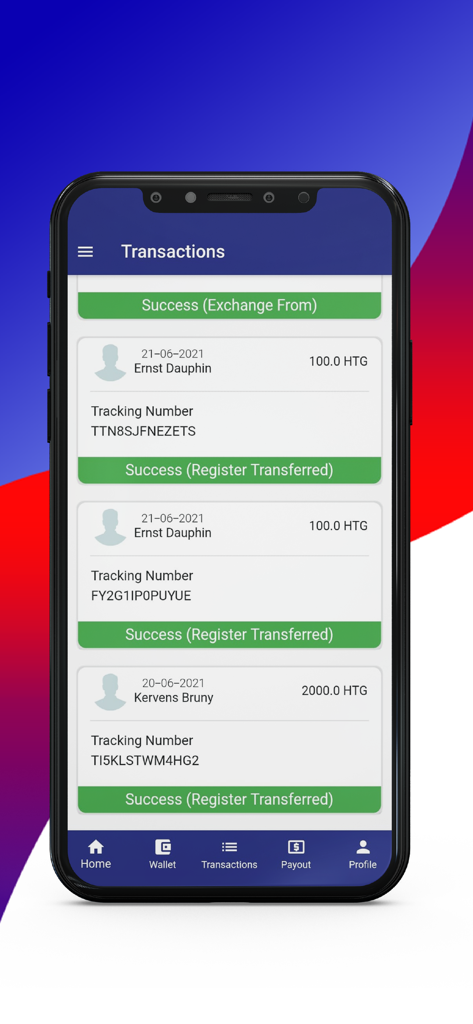 EziPay Wallet - Transaction history screen in EziPay Wallet showing successful money transfers with tracking numbers and amounts in Haitian Gourde