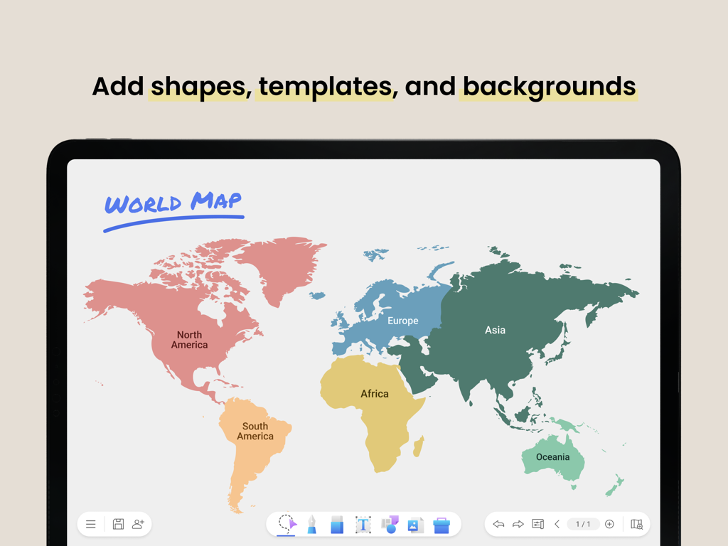 EZWrite 6 - Pizarra digital EZWrite 6 que muestra una colorida plantilla de mapa mundial en un iPad