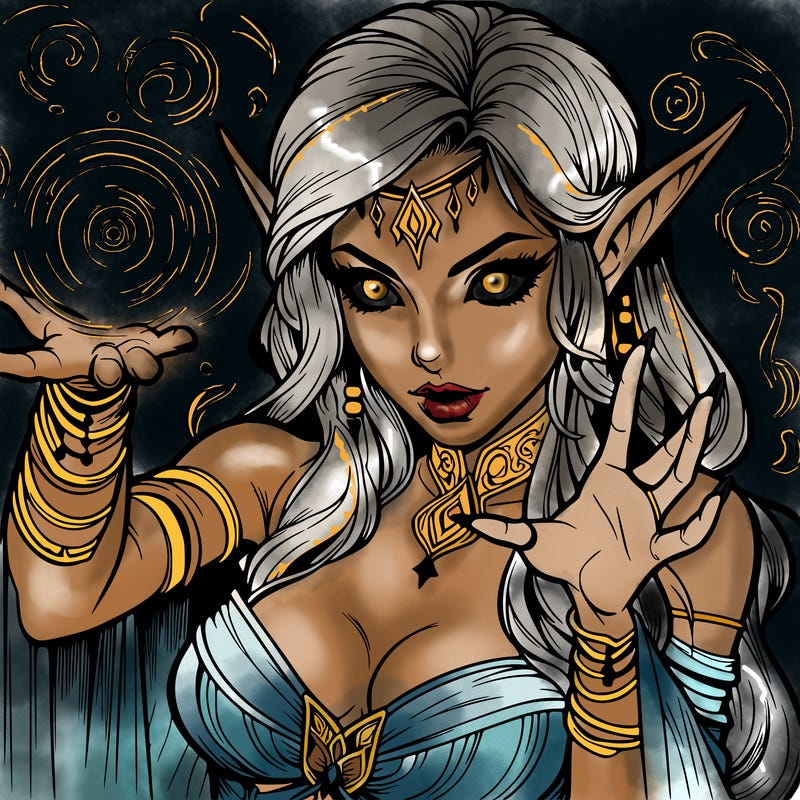 realistic scary beautiful elf sorceress casting spell