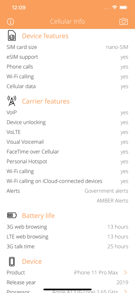 Cellular Infoアプリのデバイス機能とキャリア機能を含む技術的な詳細。
