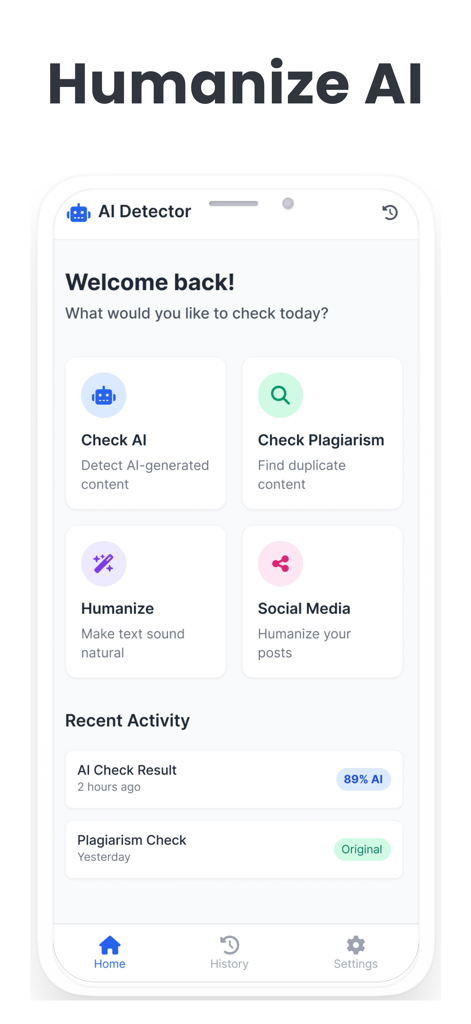 Humanize AI : AI Detector - Main dashboard of the Humanize AI app featuring AI detection, plagiarism checking, and text humanization tools.