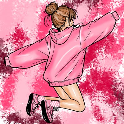 realistic girl jumping with a bun and oversized sweatshirt