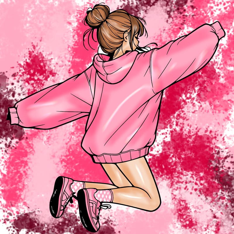 realistic girl jumping with a bun and oversized sweatshirt